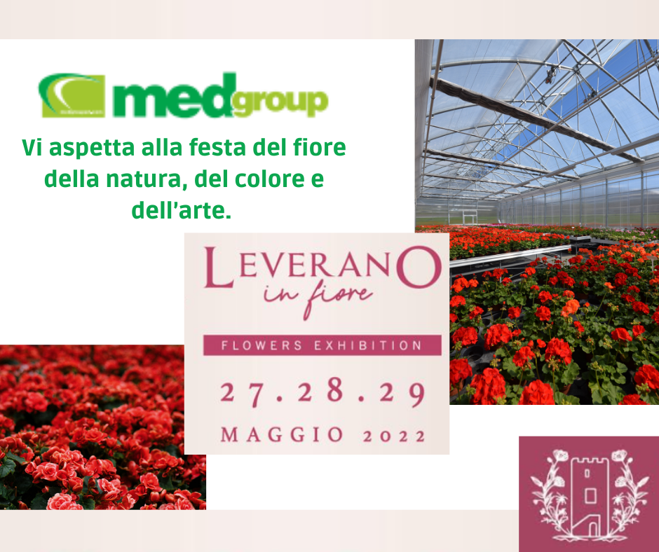 Manifesto della mostra floreale LeVerano in fiore con fiori rossi e serra, date 27-29 maggio 2022.
