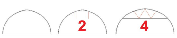 Tre semplici diagrammi ad arco con contorni tratteggiati e uno spazio bianco sotto ogni apice