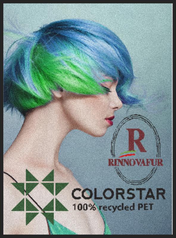 Profilo di una donna con i capelli blu e verdi, accanto al logo COLORSTAR 100% PET riciclato e Rinnovatur.