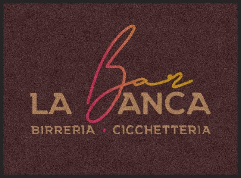 LA Banca BIRRERIA • CICCETTERIA logo on a dark burgundy background
