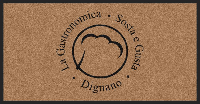 Logo for “La Gastronomica • Sosta e Gusta • Dignano” with a chef hat icon on a tan background