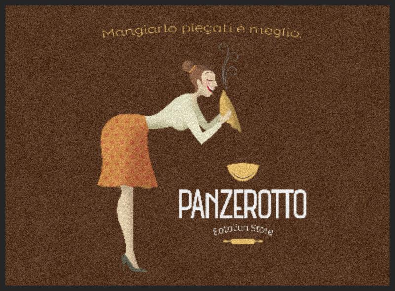 Illustrazione di una persona china su un panzerotto, con la parola “PANZEROTTO” su sfondo marrone.