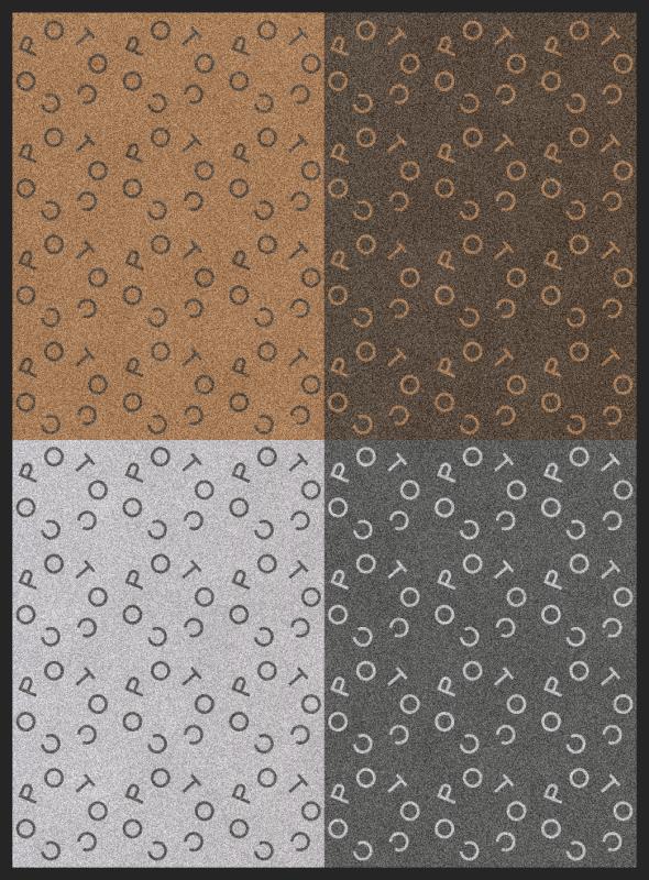 Quattro campioni di tessuto fantasia nei colori marrone, beige, grigio e grigio chiaro, disposti in una griglia 2x2.