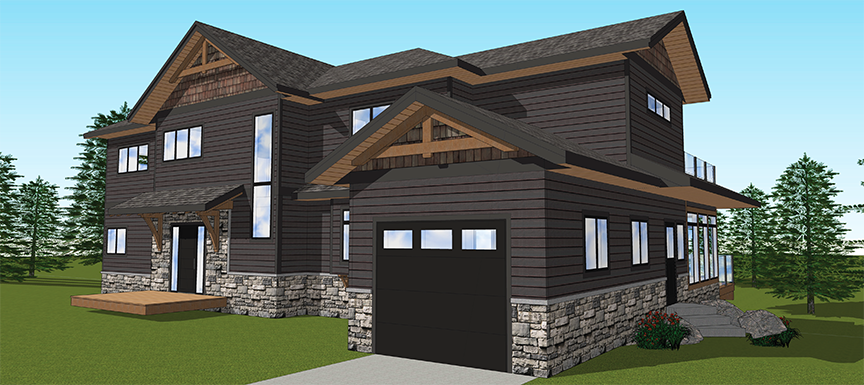 Computer drawing of a cottage with stonework, pannelling, and landscaping.