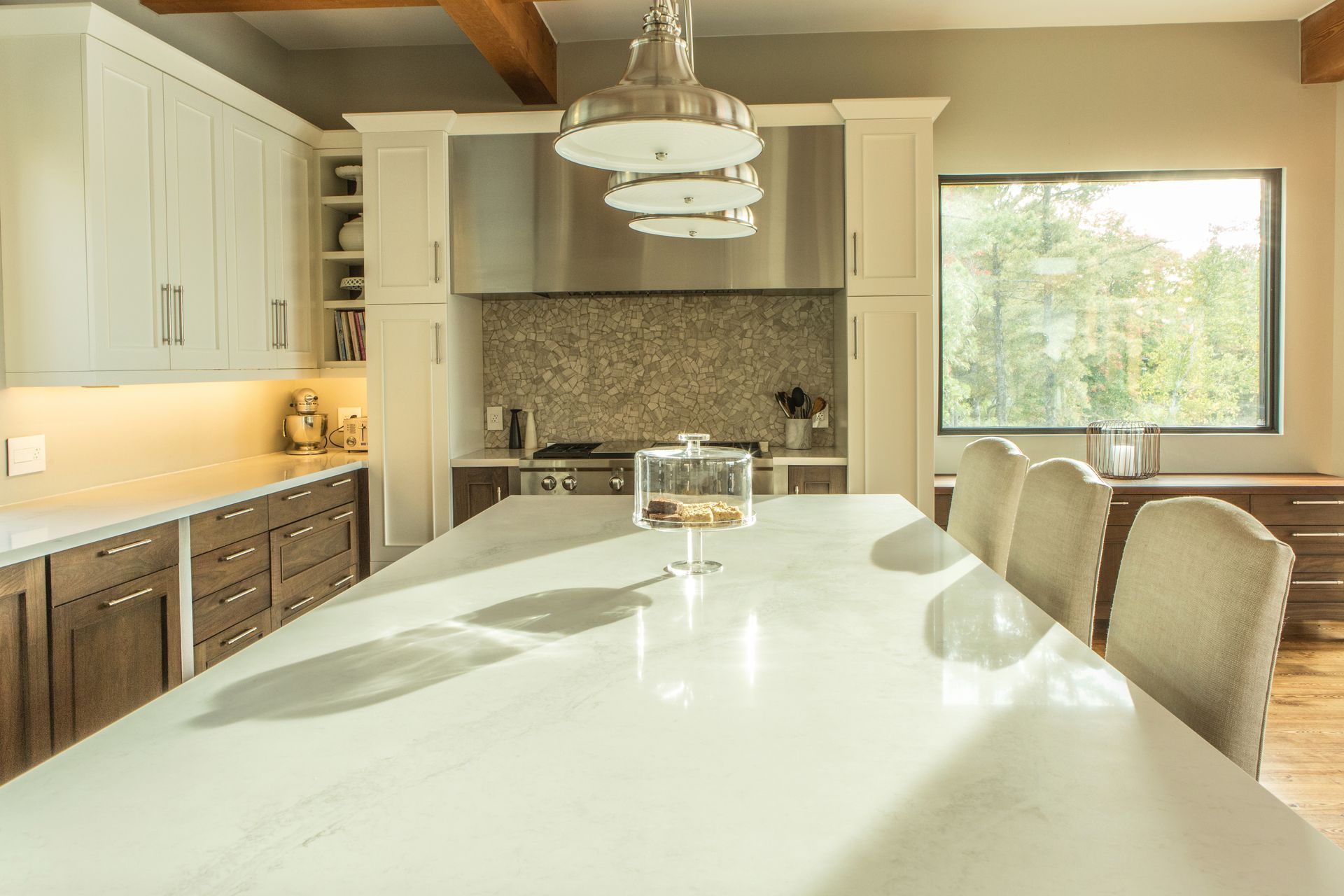 Modern, bright kitchen with natural accents.