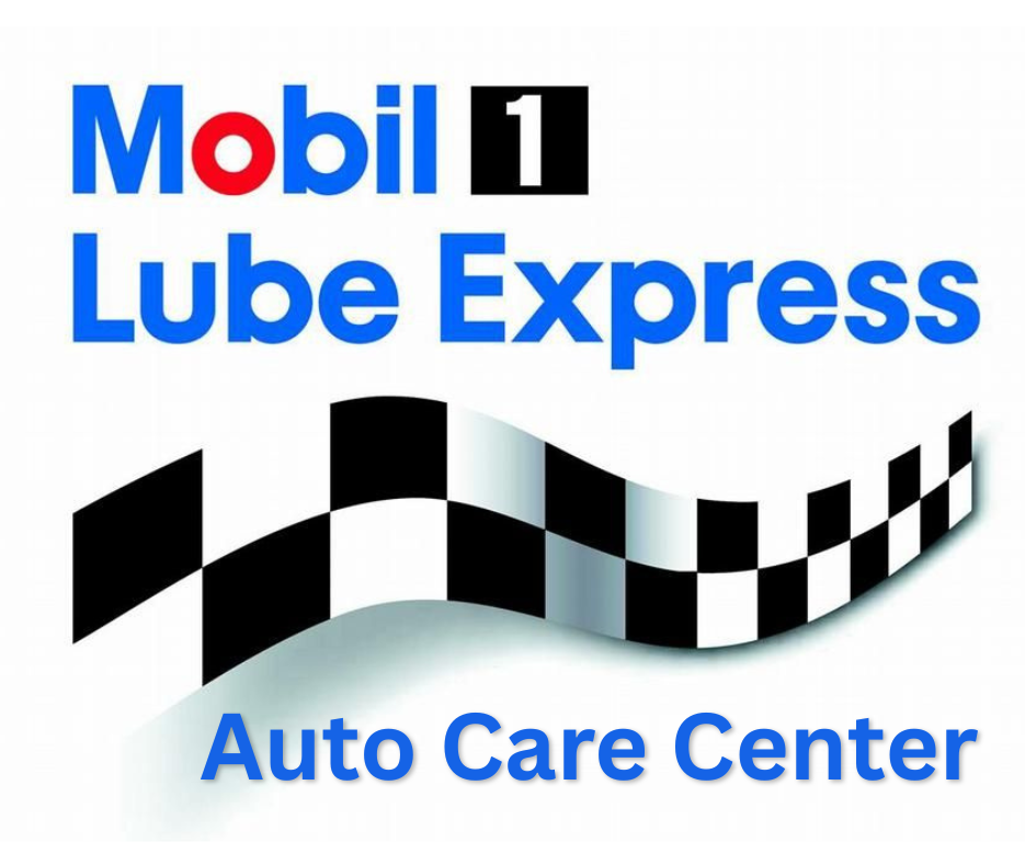 Mobil 1 Lube Express Auto Care Center logo with blue text and black-and-white checkered flag