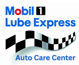 Mobil 1 Lube Express Auto Care Center logo with blue text and black-and-white checkered flag