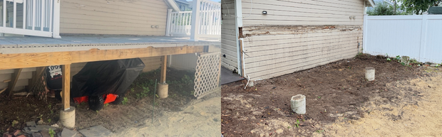 Crawlspace under a raised house with exposed foundation, dirt ground, and scattered debris.