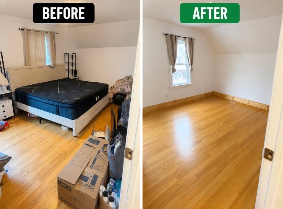 Before-and-after bedroom makeover: cluttered room with bed, then empty room with wood floors and white walls.