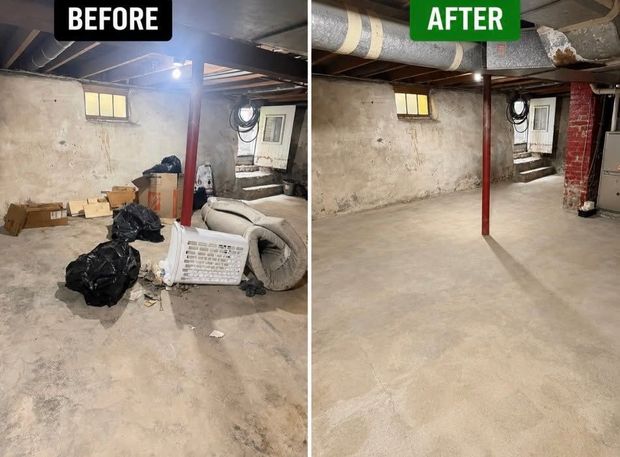 Basement cleanup before and after: clutter removed, leaving a clear concrete floor and walls.