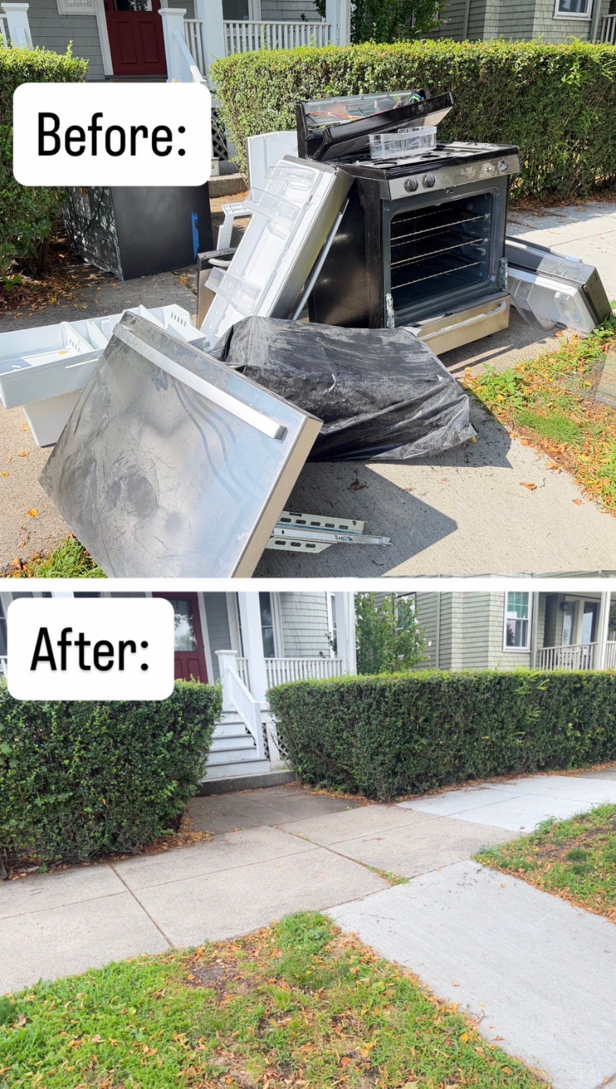 Before-and-after of a damaged outdoor fixture removed, leaving a clean sidewalk and hedge-lined lawn.