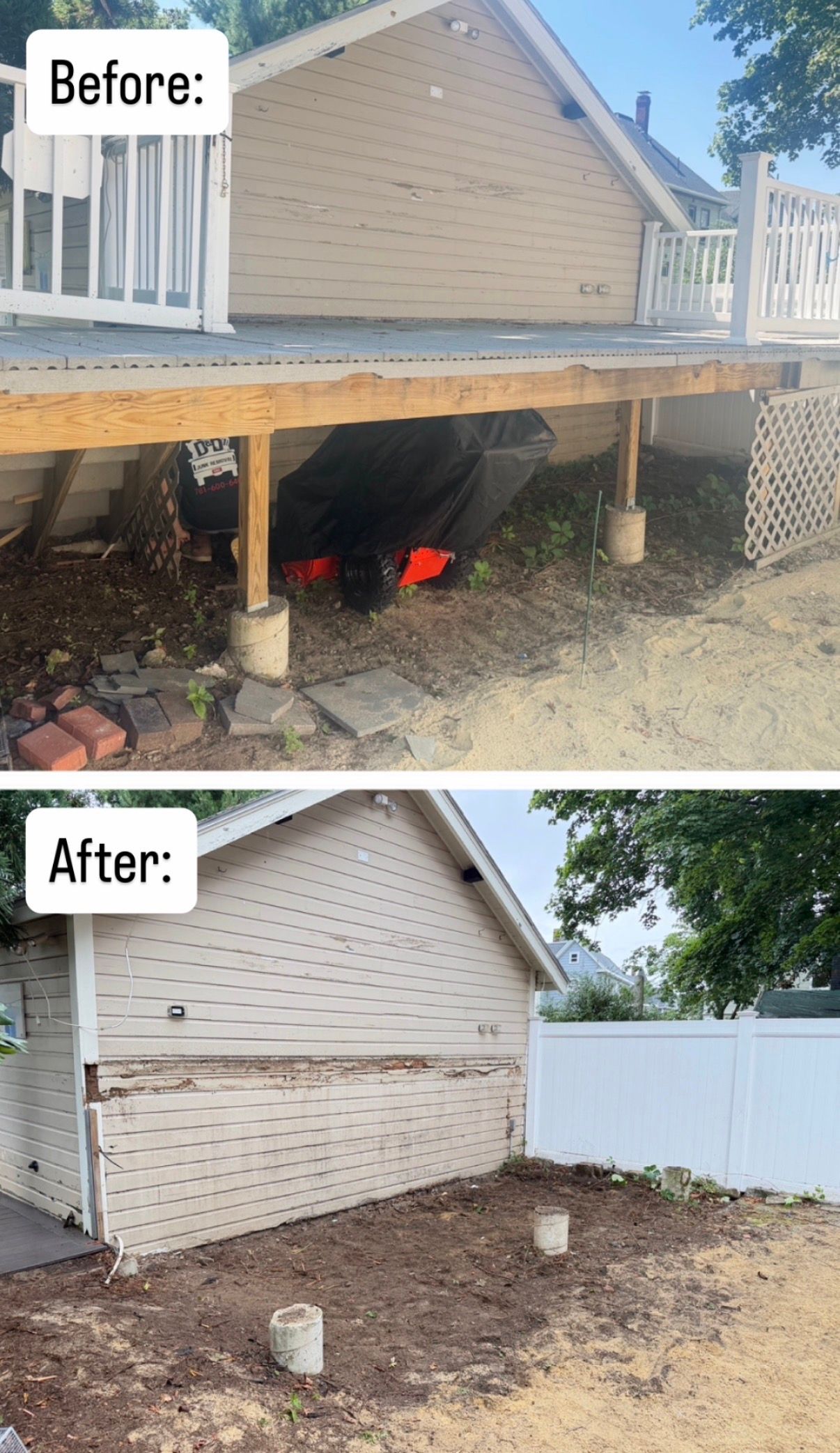 Before-and-after of a raised house foundation repaired with new support posts and cleared ground underneath