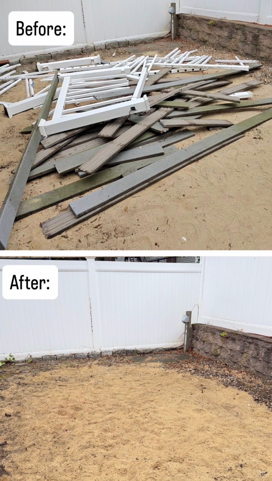 Before-and-after of a yard cleanup, showing debris removed from a dirt area beside a white fence.