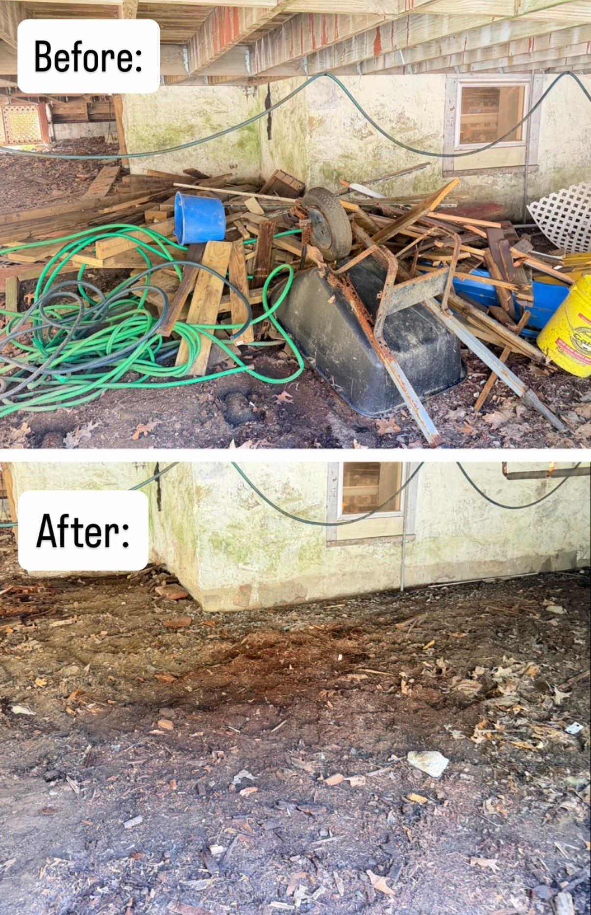 Before-and-after of a cluttered shed area cleared to bare dirt and debris.