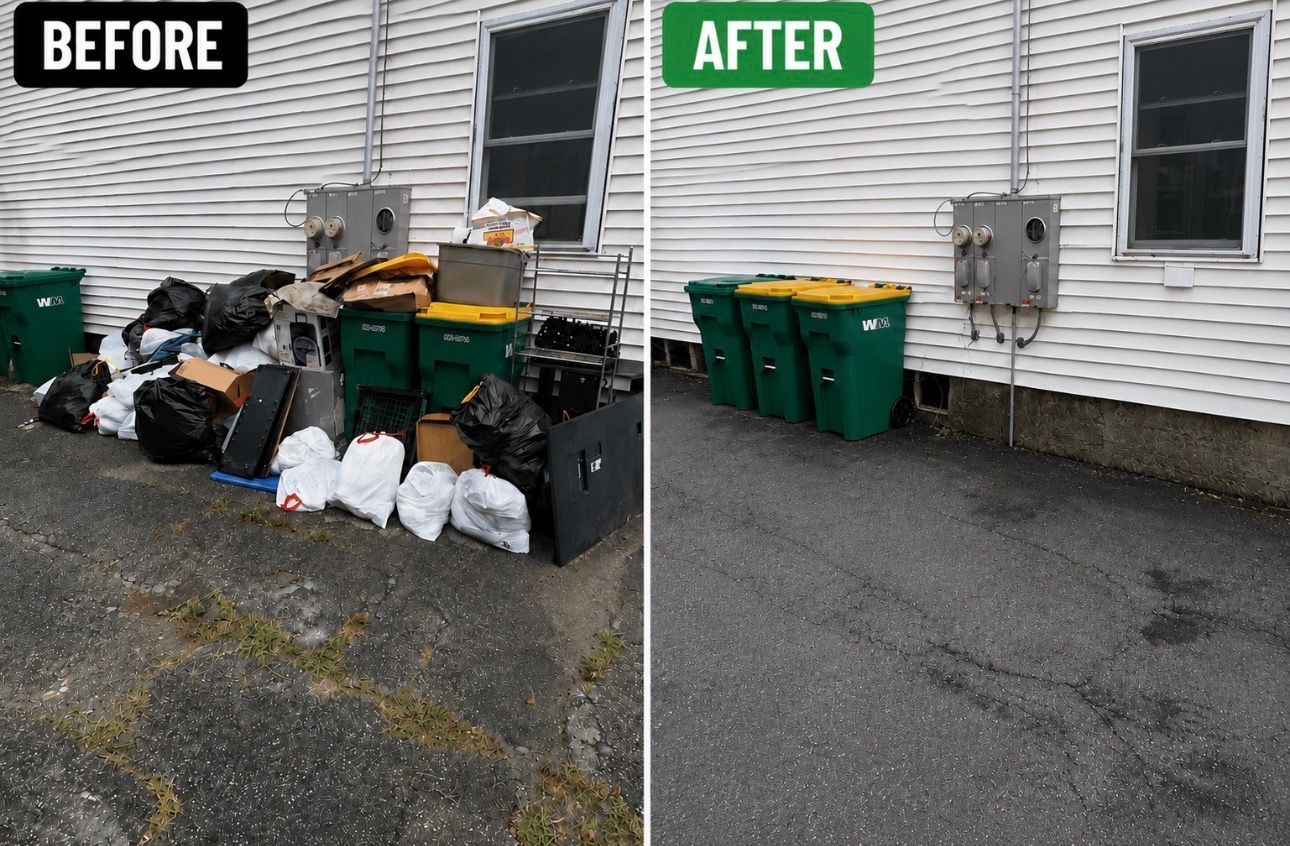 Before-and-after of alley trash cleanup beside a white house, with piles of garbage replaced by green bins.