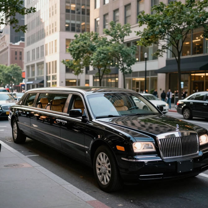 Black luxury limousine parked on a city street outside tall office buildings