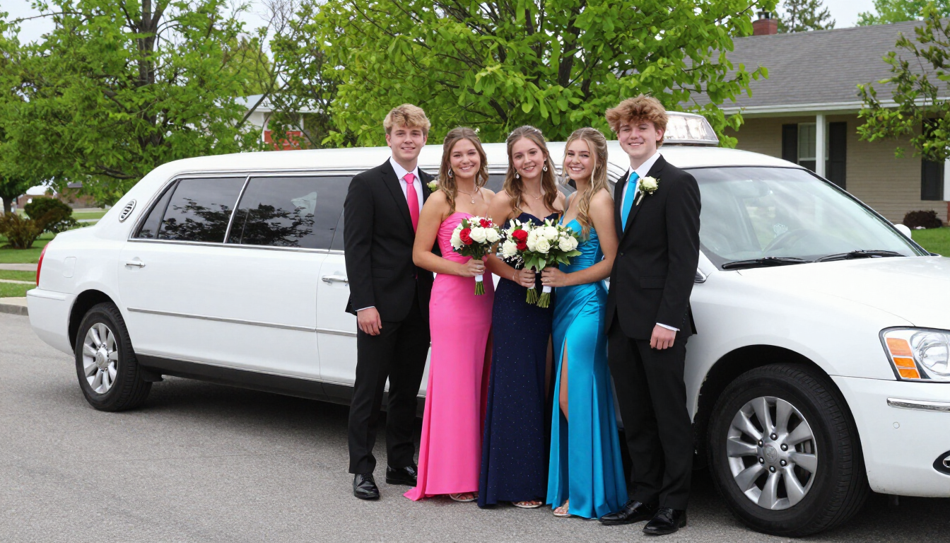 Five people in formal wear standing in front of a white stretch limousine outdoors.