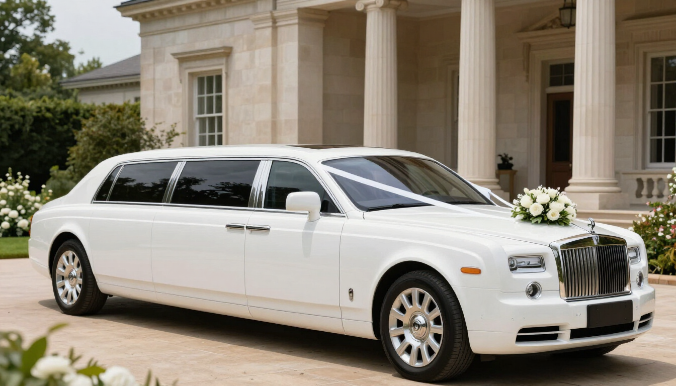 White luxury limousine parked beside a grand building with columns, decorated with flowers on the hood