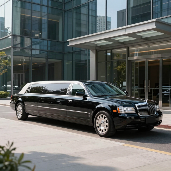 Black stretch limousine parked outside a modern glass building