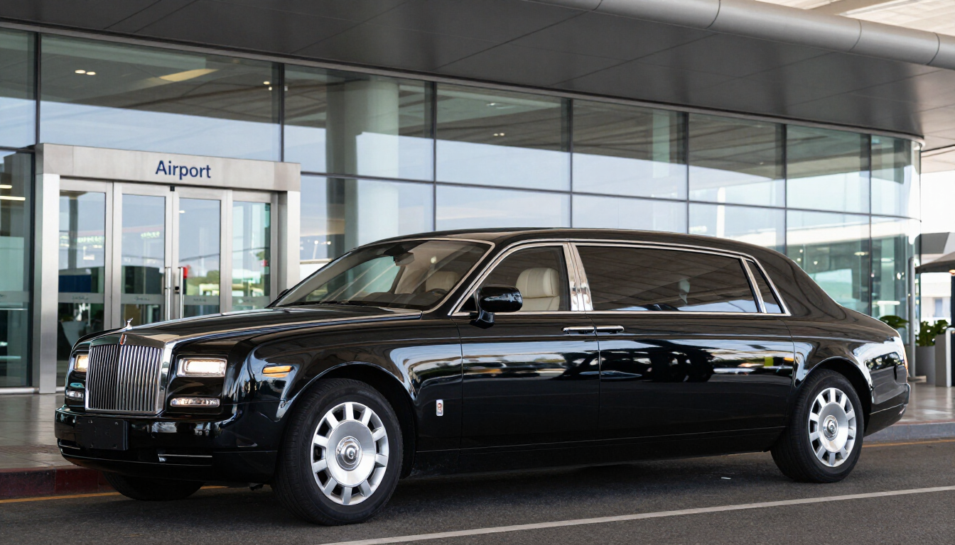 Black luxury sedan parked outside an airport terminal entrance