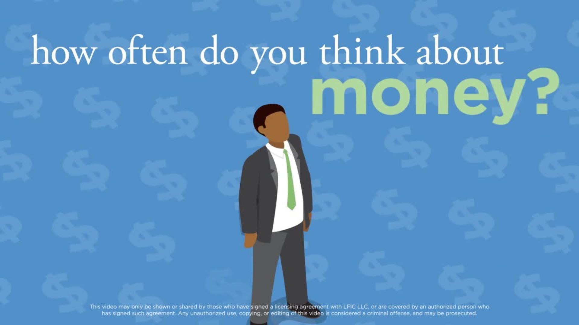 A man in a suit and tie is standing in front of a blue background that says how often do you think about money ?