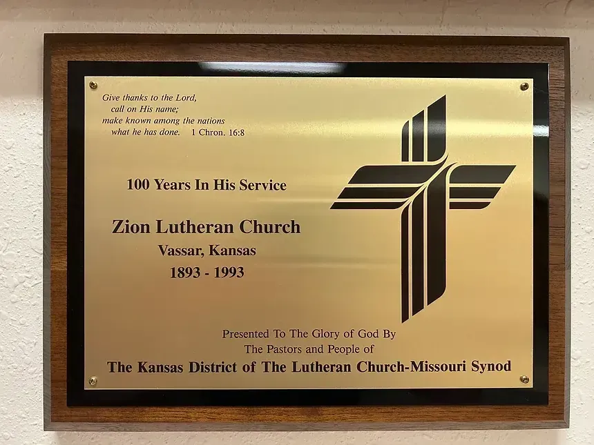 Zion Lutheran Church - Vassar, KS - Plaque Celebrating 100 Years - 1893-1993