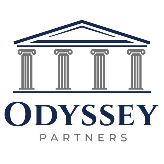 Odyssey Partners logo with navy Greek-style columns and text on a white background