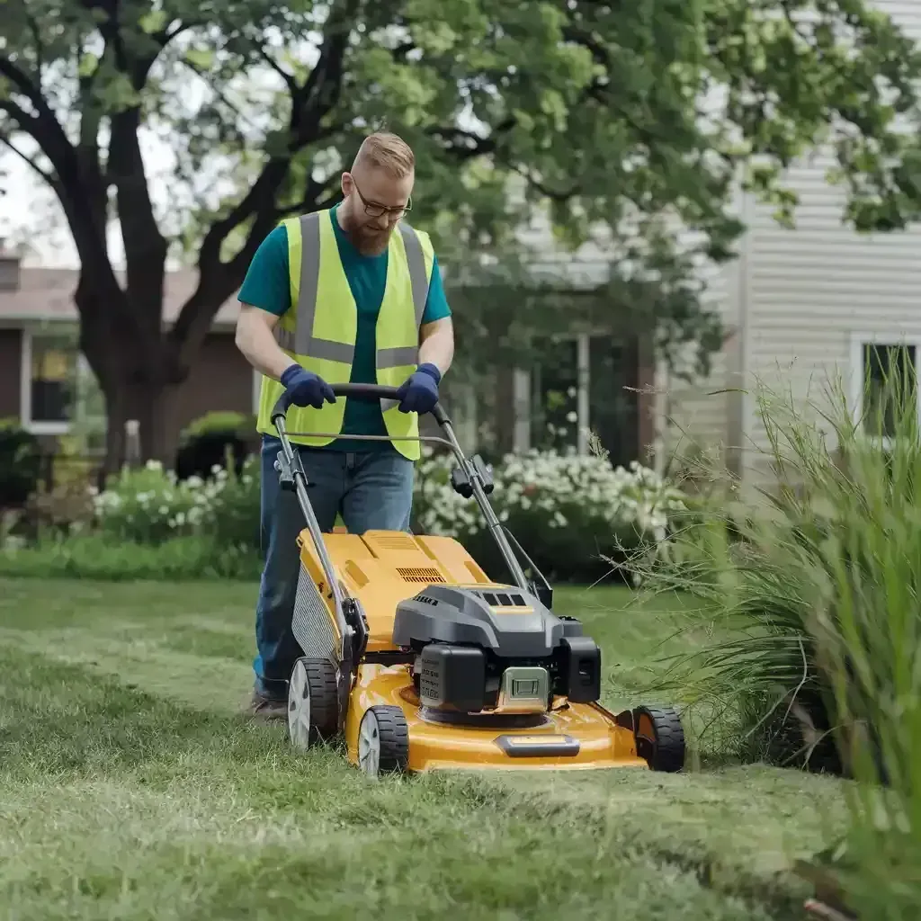 Person mowing a lawn with a yellow push mower in a suburban yard