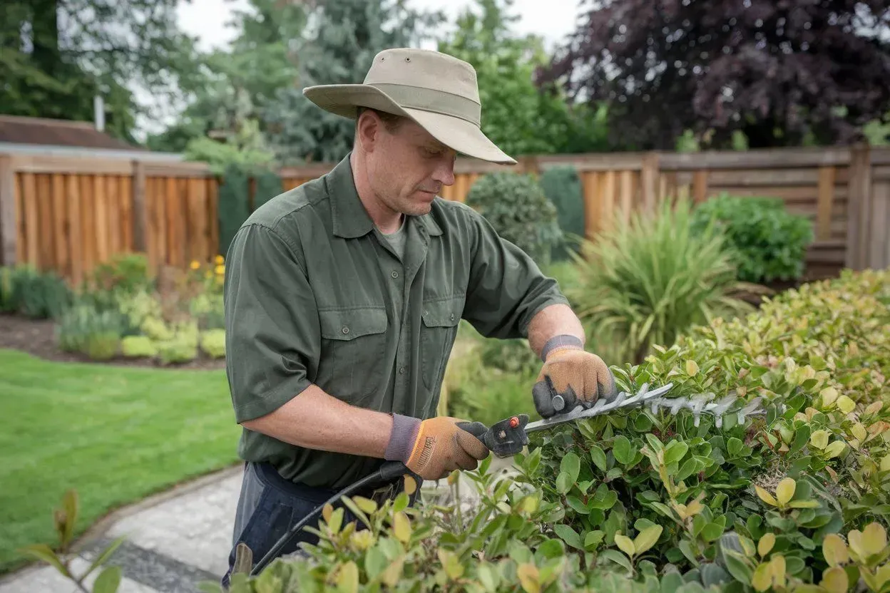 Gardener trimming a hedge in a backyard with a long hedge trimmer.