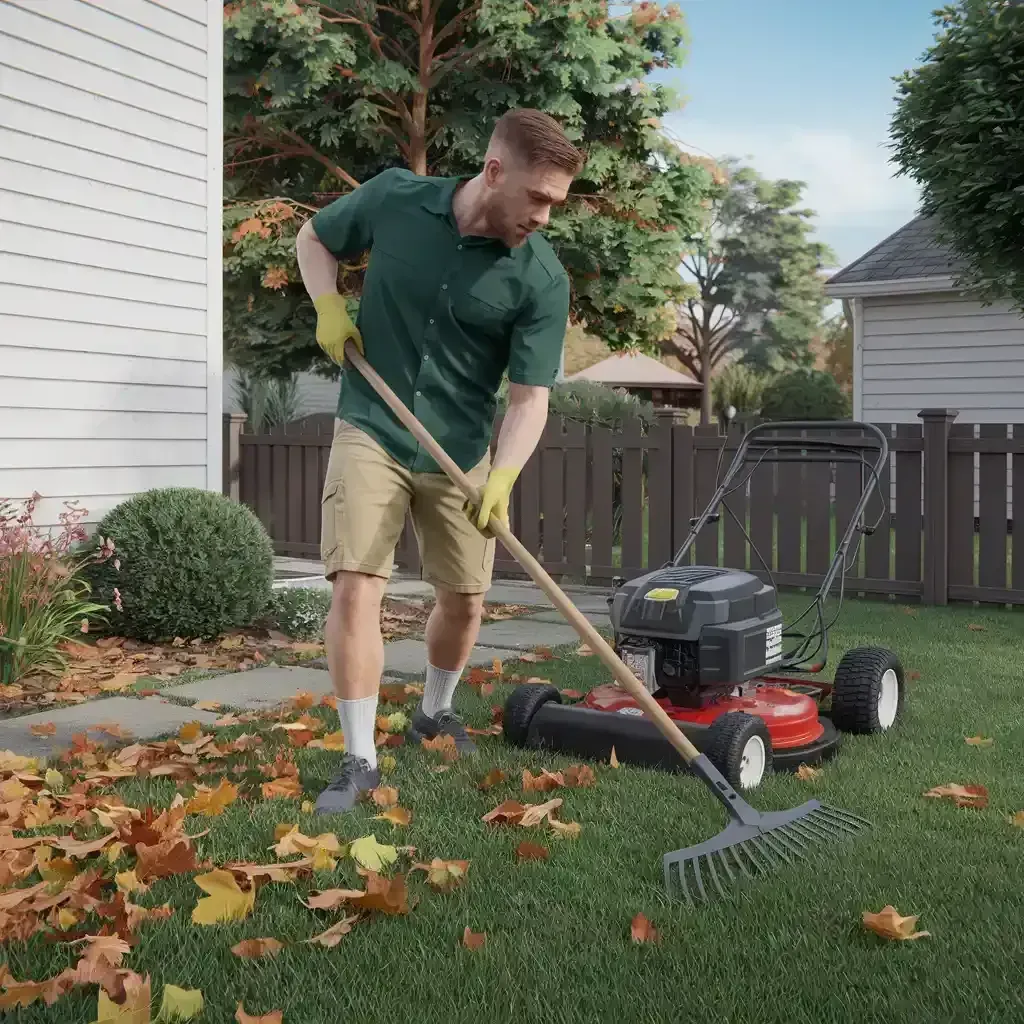 Man raking autumn leaves on a lawn beside a red lawn mower and house.