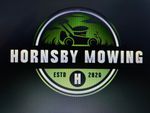 Hornsby Mowing logo with green lawn mower in a circular badge on a dark background