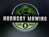 Hornsby Mowing logo with green lawn mower in a circular badge on a dark background