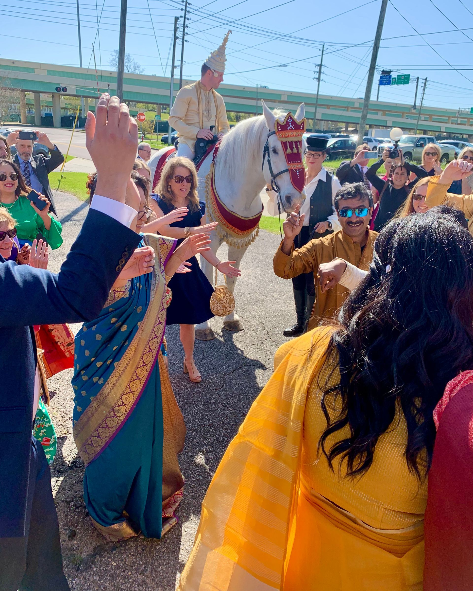 Crowd dancing around a decorated white horse at an outdoor celebration