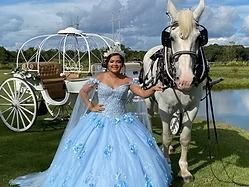 Woman in a light blue gown standing beside a white horse and white carriage by a pond
