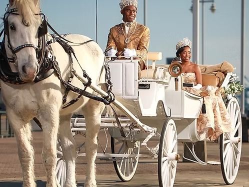 White horse pulling a decorated carriage with two people in ornate outfits on a sunny street