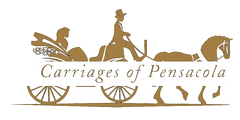Gold logo of a horse-drawn carriage with “Carriages of Pensacola” text