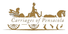 Logo for Carriages of Pensacola with a gold horse-drawn carriage silhouette and text on white background