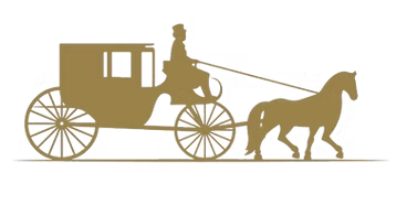 Gold horse-drawn carriage with driver pulling a horse on a white background