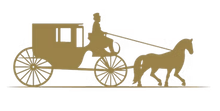 Gold silhouette of a horse-drawn carriage with driver and horse on a white background