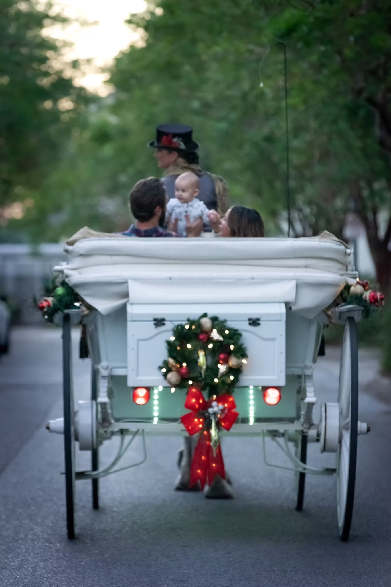 Decorated white horse-drawn carriage on a tree-lined path, carrying passengers in a festive scene