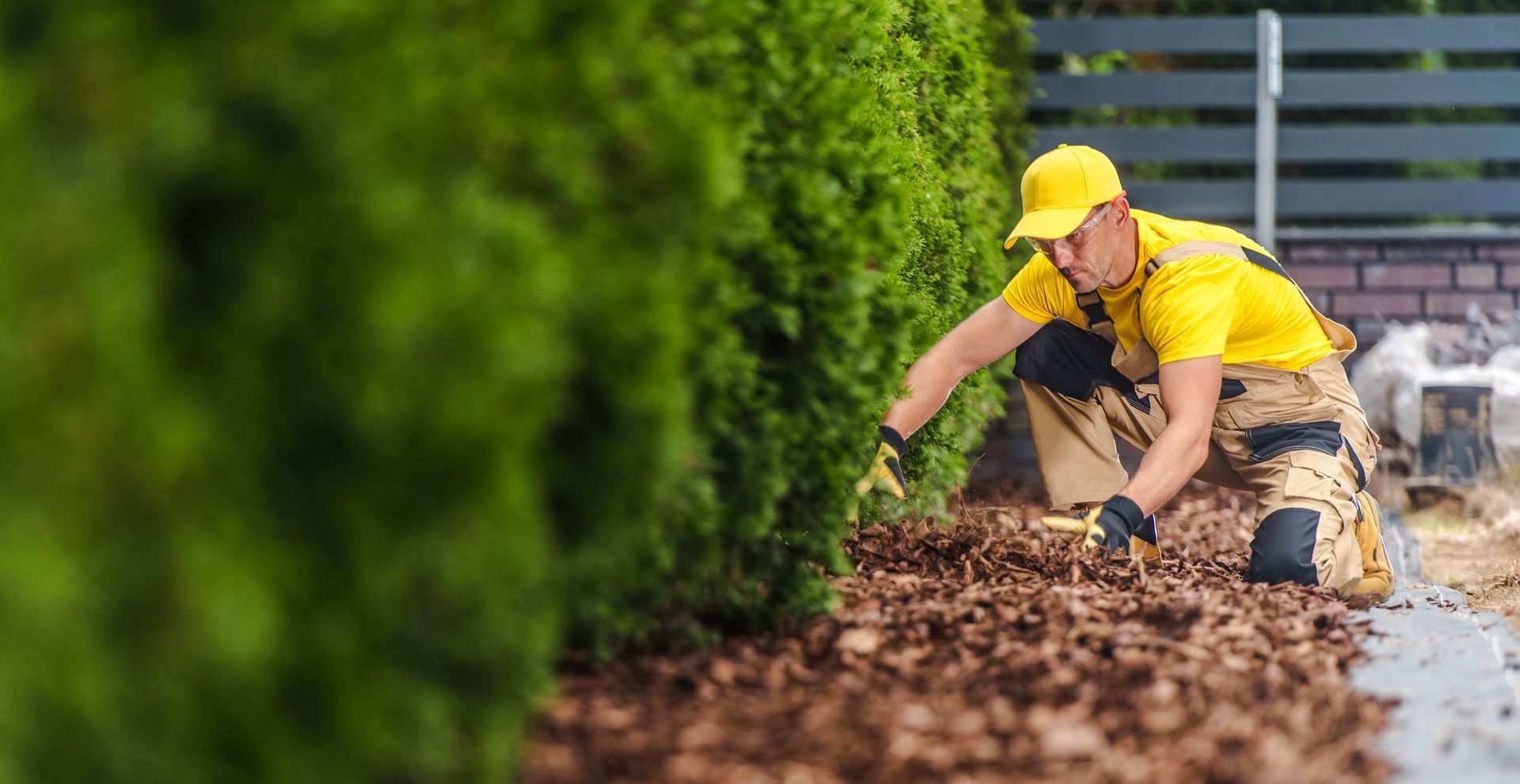 Landscaping professional placing mulch around a row of trees.