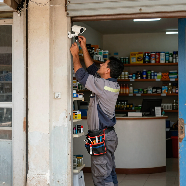 Técnico instalando una cámara de seguridad en un local comercial en Colombia