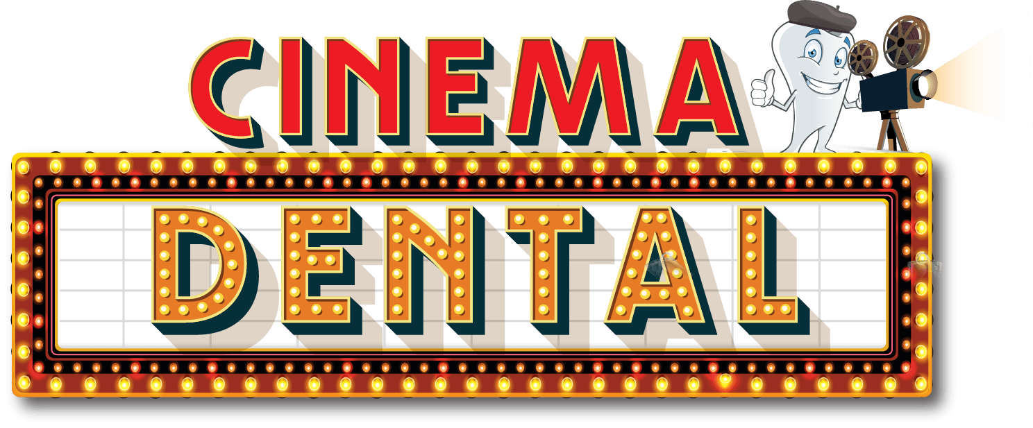 Cinema Dental logo with tooth character holding a movie camera.