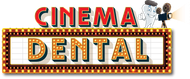 Cinema Dental logo with tooth character holding a movie camera.