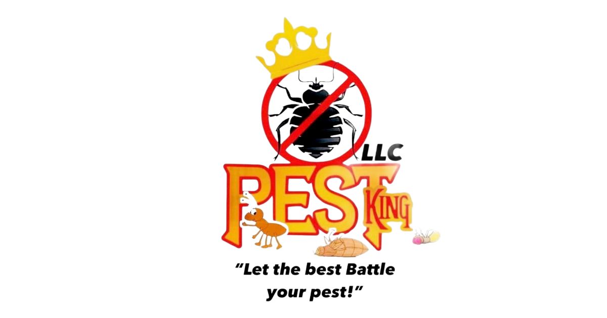 A logo for pest king llc with an ant and a bed bug