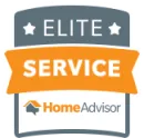 An elite service home advisor logo with an orange ribbon.