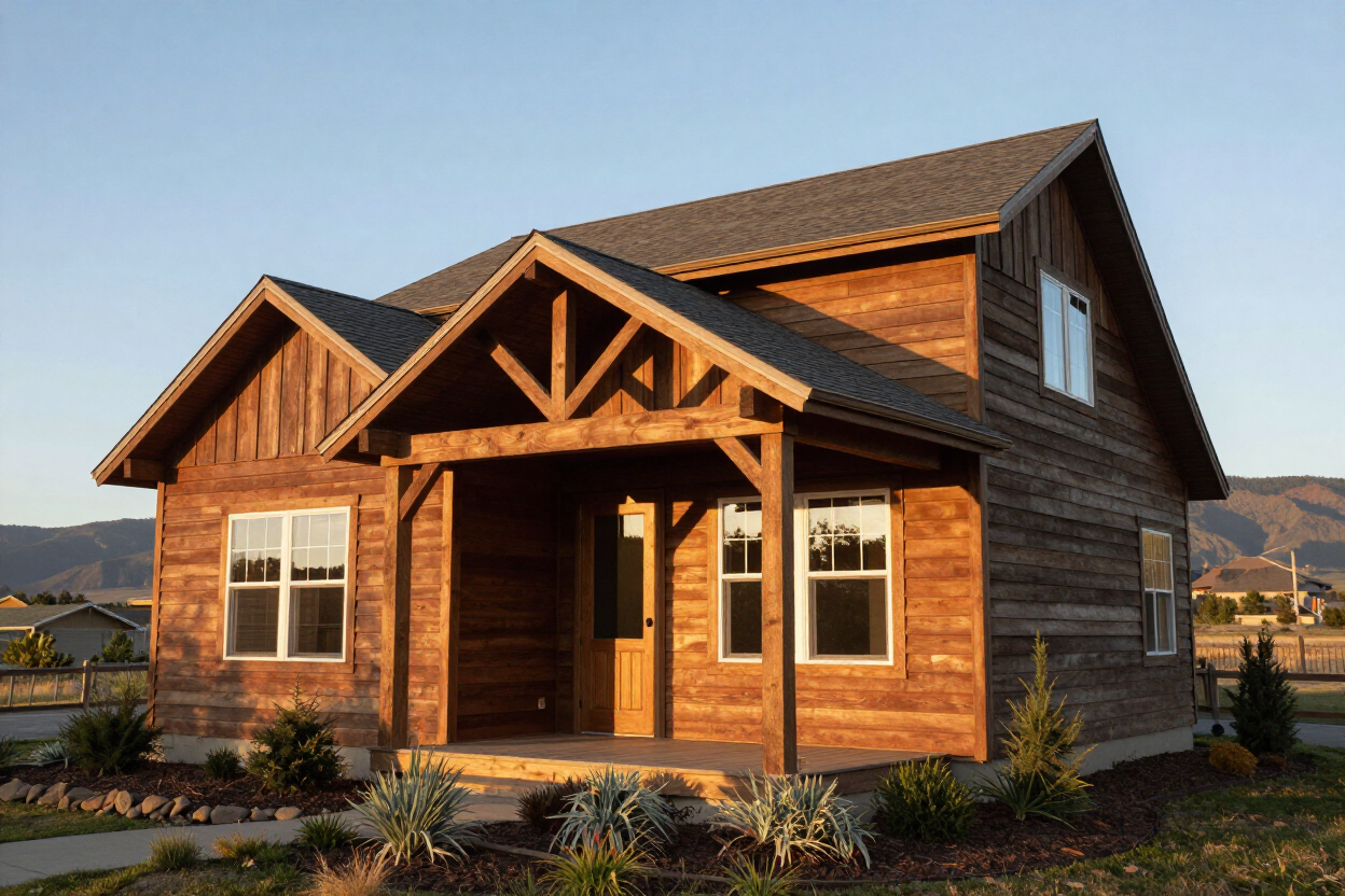 Custom home exterior with wood siding and covered porch built by Rogue Custom Construction in White City, Oregon