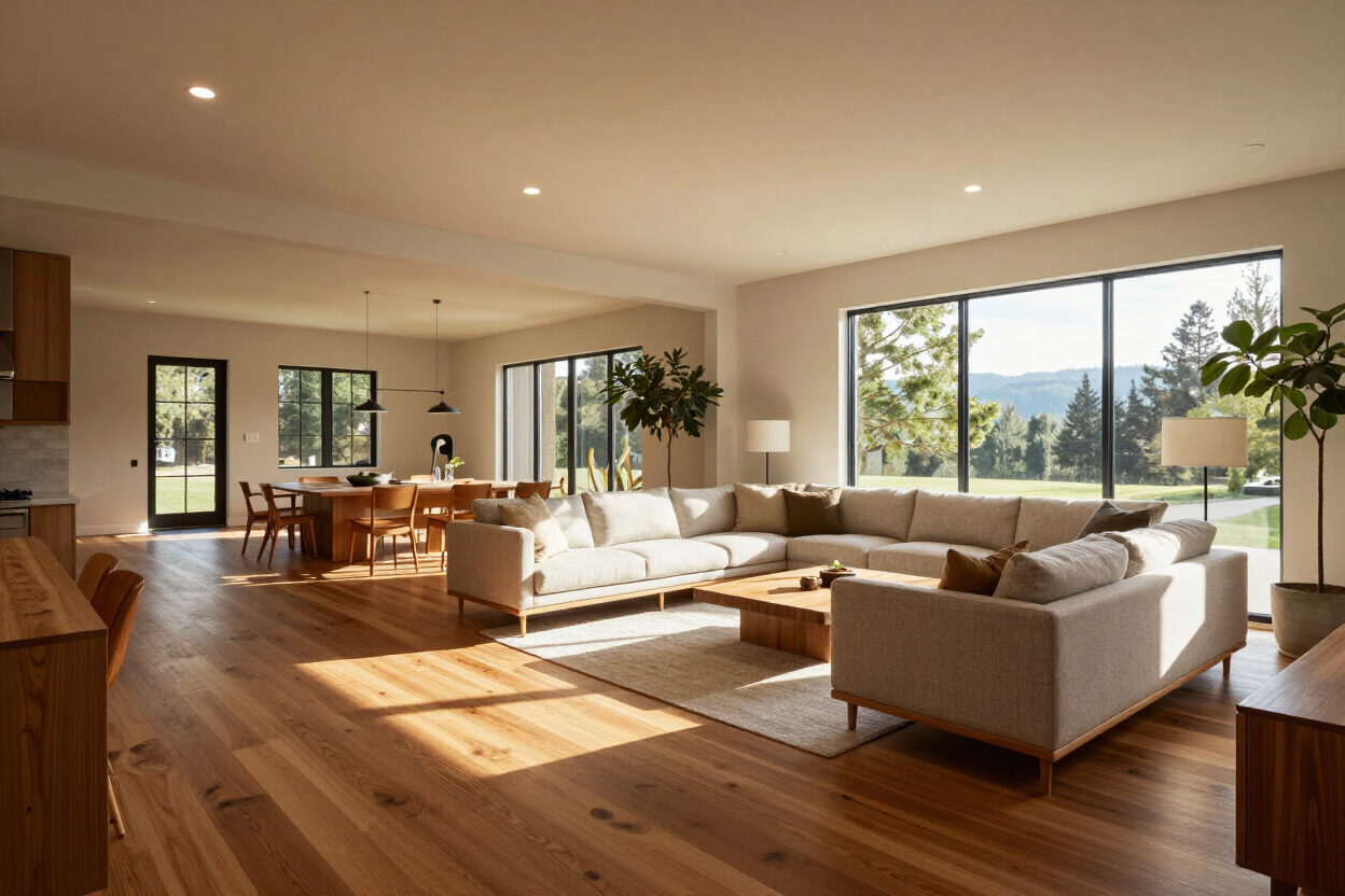 Open-plan living space in a custom new home constructed by Rogue Custom Construction serving Jackson County, Oregon
