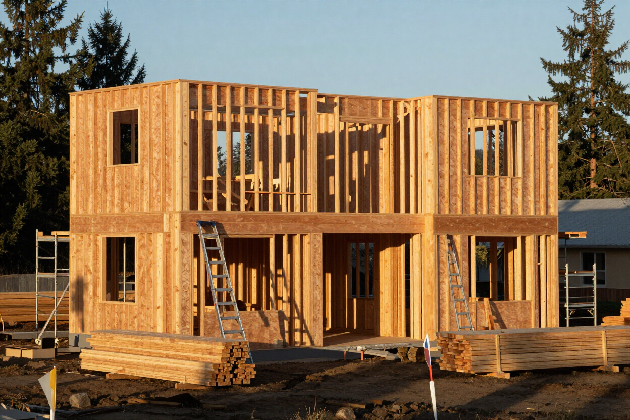 General construction framing stage on a residential project in White City, Oregon, showing wood-frame structure progress.