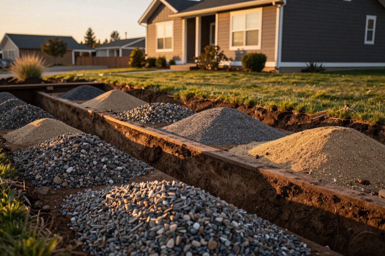 Utility trenching on a Southern Oregon residential property showing open trench and staged backfill materials.